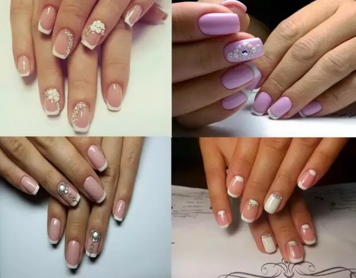 French manicure na may Rhinestones (66 mga larawan): Magagandang itim na fries disenyo sa mga kuko na may mga bato, manicure na may rhinestone sa isang singsing daliri 6370_2