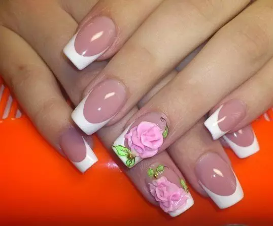 Manicure បារាំង (152 រូបថត): តើបារាំងនៅលើក្រចកយ៉ាងដូចម្តេច? ភាពច្នៃប្រឌិតនៃវ៉ារនីសនិងថ្នាំ Stencils សម្រាប់ manicure ។ ឆ្នូតតុបតែងនិទាឃរដូវ 6377_72