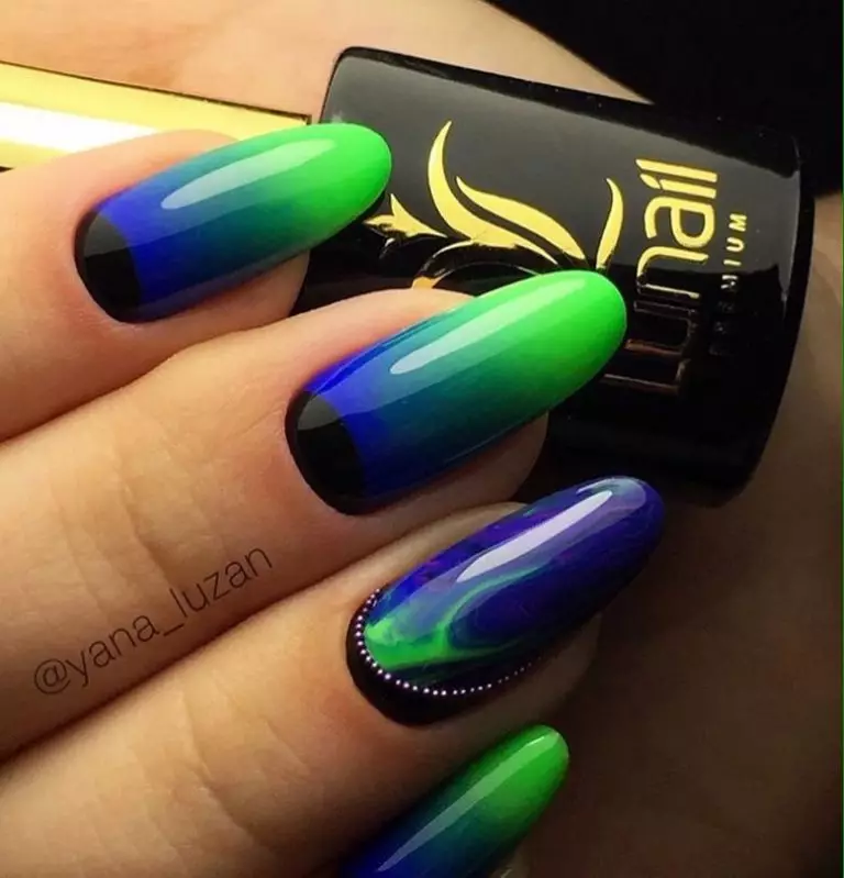 Manicure OMBRE (184 зураг): Энэ юу вэ? Ombre сойз бүхий хэв маягаар хумс дээр цагаан, хөнгөн бүрэх, энэ нөлөө нь градиентээс хэрхэн ялгаатай вэ? 6379_6