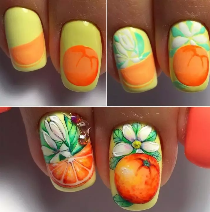 Citrus em unhas (39 fotos): Técnica de manicure passo a passo com fatias de limão, limão, toranja e laranja. Opções de design 6390_24