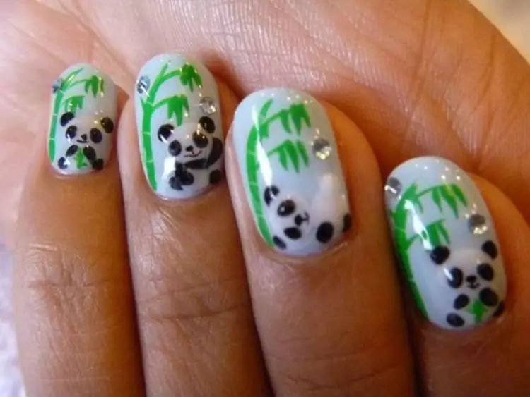 Manikyr med dyr tegninger (45 bilder): Nail design ideer med panda og vaskebjørn bilder, zebras og skilpadder, hunder og elefanter 6394_40