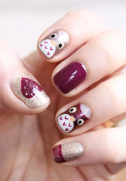 Manicure nrog Owls (63 daim duab): Cov tswv yim tsim zoo tshaj plaws ntawm cov ntsia hlau nrog kev kos duab 6412_45