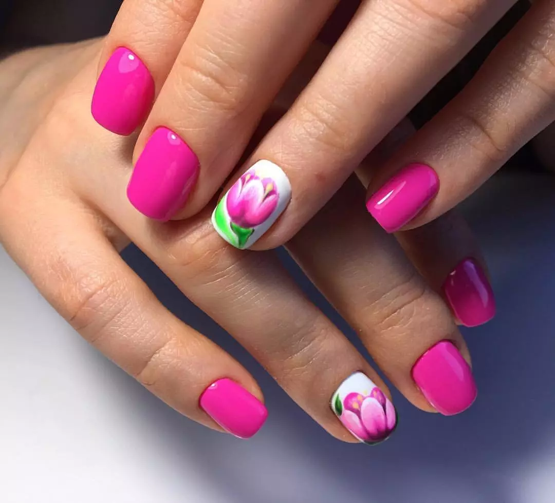 Tulips ku misumari (amafoto 28): Igishushanyo cya Manicure hamwe na tulip 6440_20