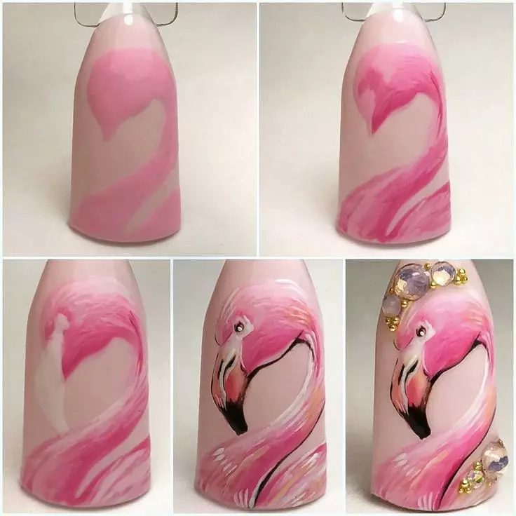 Manikura s flamingo (60 fotografij): Kako narisati rožnato ptico lakov na nohtih? 6442_19