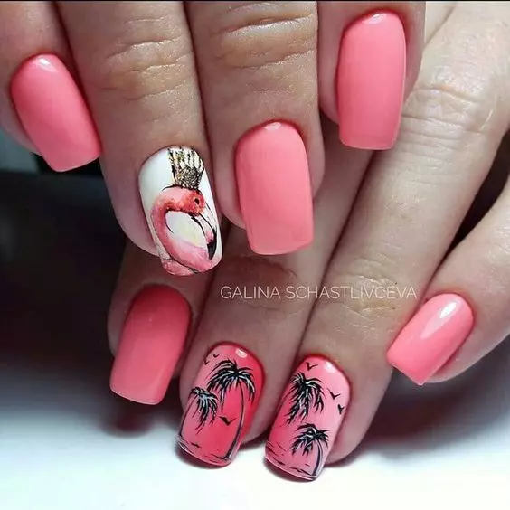 Manikura s flamingo (60 fotografij): Kako narisati rožnato ptico lakov na nohtih? 6442_51