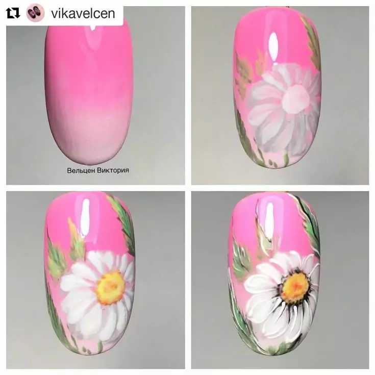 Manicure na may daisies (69 mga larawan): Step-by-step na disenyo ng kuko na may daisy pattern. Paano gumuhit ng mga bulaklak sa dilaw o kulay-rosas na barnisan? 6506_63