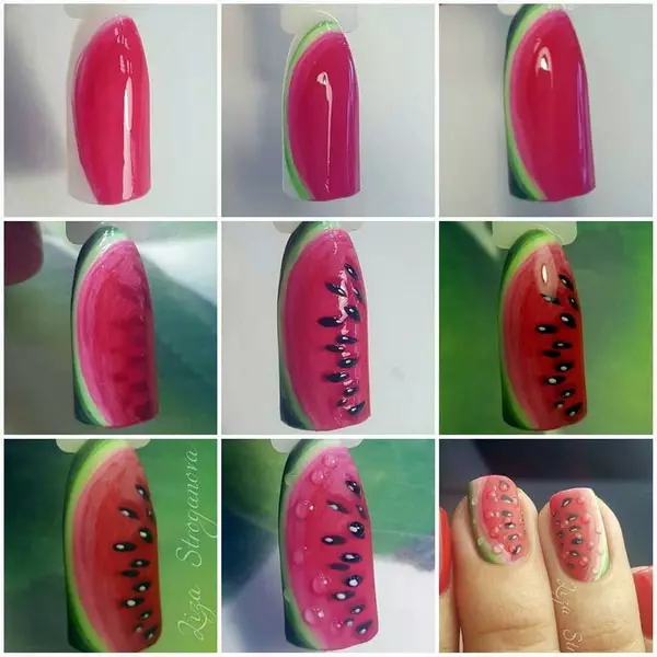 Manikure mei watermeloen (55 foto's): simmerûntwerp fan nagels mei watermeloen tekeningstap by stap 6515_15