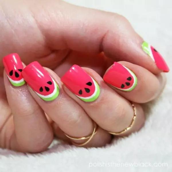 Manikure mei watermeloen (55 foto's): simmerûntwerp fan nagels mei watermeloen tekeningstap by stap 6515_22