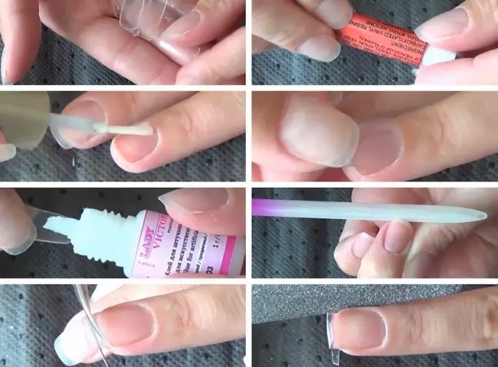 Nail lim: Hvordan bruke lim til å reparere en manikyr og hvordan kan jeg fjerne det? Nail lim applikasjonsinstruksjoner 6545_10