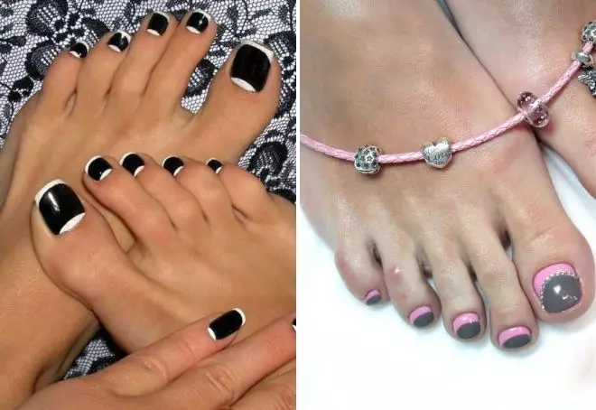 rhinestones (40 ፎቶዎች) ጋር Pedicure ፈረንሳይኛ: እግራቸው ላይ ነጭ የፈረንሳይ የጥፍር ንድፍ 6635_23