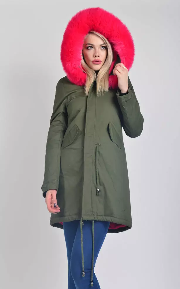 Color Fur Park (47 mga larawan): Women's Park jacket mula sa Bogner, na may multi-colored fur, hooded, na may kulay na balahibo sa loob, khaki 674_8