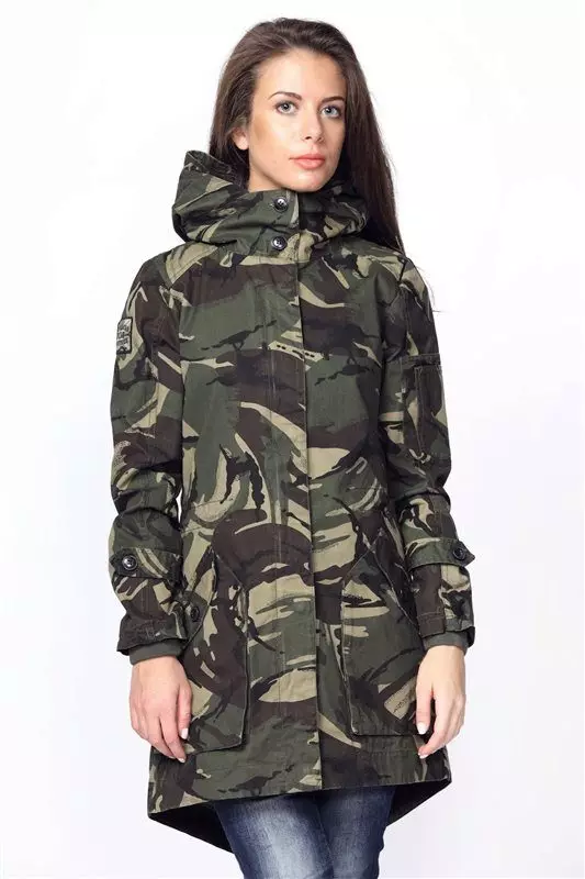 Camuflage Park (55 fotoj): Women's Camuflage Park Jacket, Militari-stilo, printempo 675_29