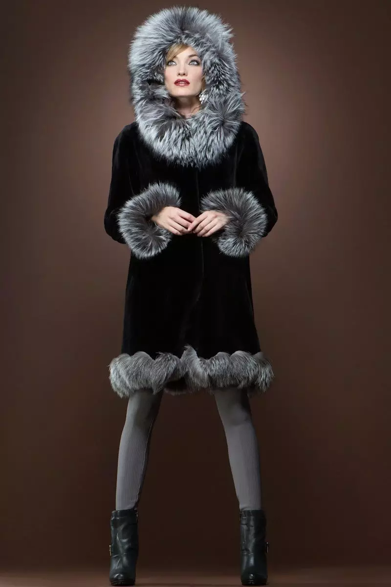 Black Fur Coat (63 sary): Colors Diamond, Long, mainty ary volo, vehivavy volom-borona avy amin'ny volom-borona mainty misy satroka, misy kiraro mena 691_36