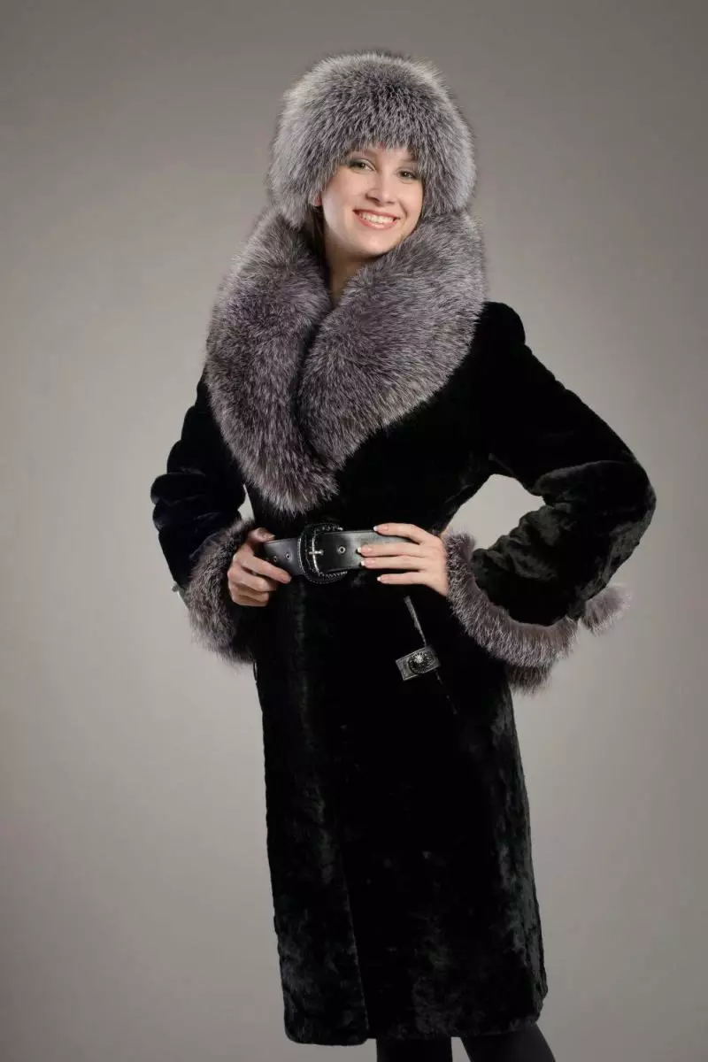 Black Fur Coat (63 sary): Colors Diamond, Long, mainty ary volo, vehivavy volom-borona avy amin'ny volom-borona mainty misy satroka, misy kiraro mena 691_58