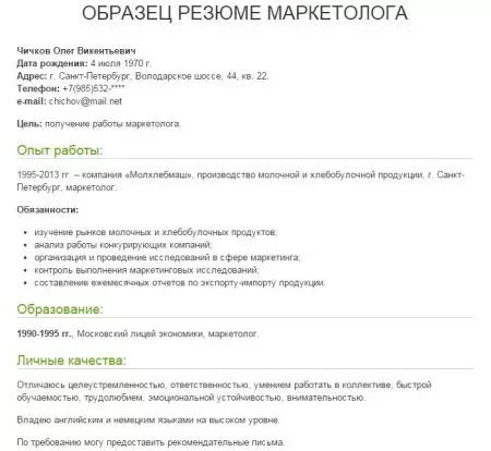 Резиме маркетер: узорак, примери пратећег писма. Како правилно описати кључне вештине, одговорности, достигнућа и друго? 7329_10