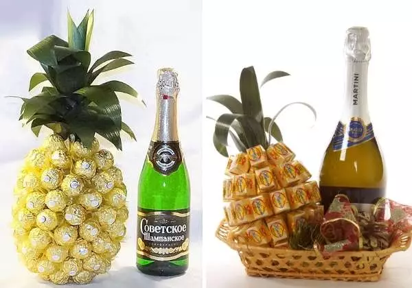 شامپاین تزئین شده با آب نبات سال نو: دکوراسیون بطری با دست خود را به شکل آناناس، طراحی مردانه و دکور برای زنان 7613_16