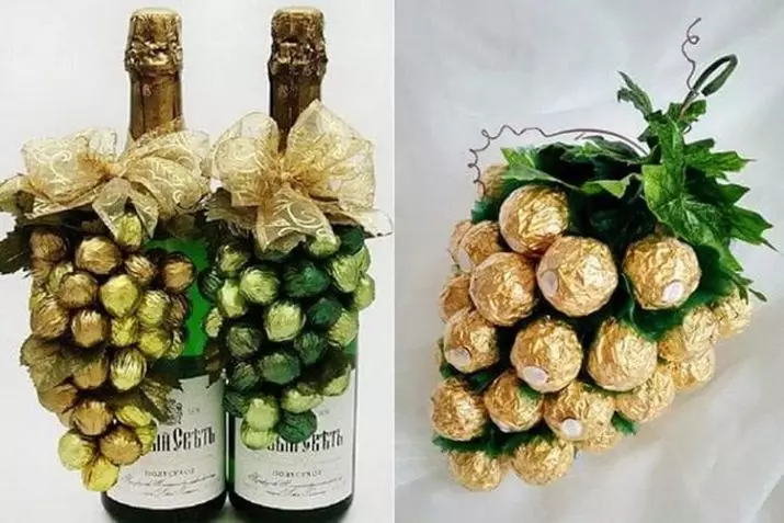 Champagne dekoruar me karamele për vitin e ri: dekoratë shishe me duart e tyre në formën e pineapple, dizajn mashkull dhe dekor për gratë 7613_27