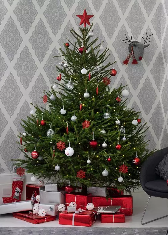 Decoração de árvore de Natal com brinquedos de prata: bolas de prata com branco e com brinquedos rosa, com vermelho e dourado, com azul e outro 7626_16