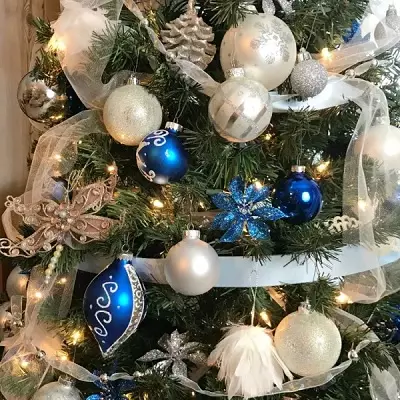 Làm thế nào để trang trí cây Giáng sinh màu xanh lam? 30 ảnh Làm thế nào để ăn mặc với những quả bóng và các trang trí khác trong tông màu xanh và bạc? 7627_18