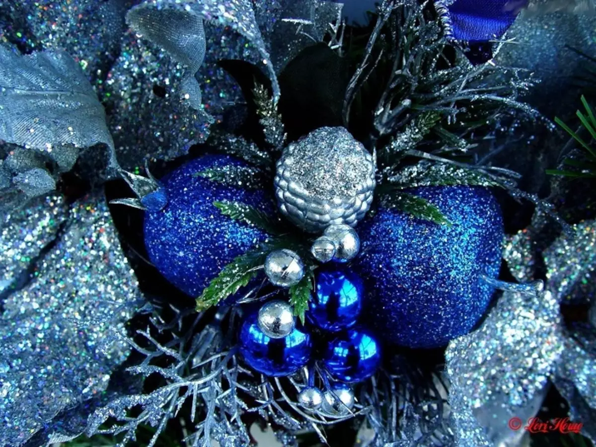 Làm thế nào để trang trí cây Giáng sinh màu xanh lam? 30 ảnh Làm thế nào để ăn mặc với những quả bóng và các trang trí khác trong tông màu xanh và bạc? 7627_22