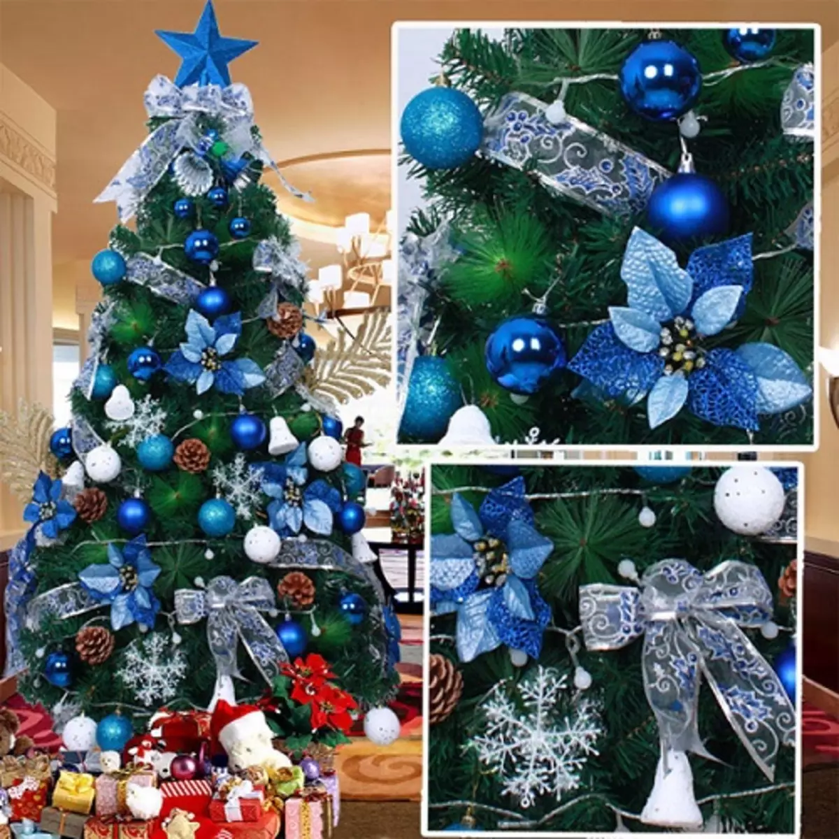 Làm thế nào để trang trí cây Giáng sinh màu xanh lam? 30 ảnh Làm thế nào để ăn mặc với những quả bóng và các trang trí khác trong tông màu xanh và bạc? 7627_29