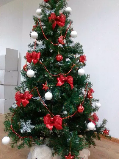 Ziemassvētku eglīšu apdare ar lokiem (35 fotogrāfijas): loki ar bumbiņām un ziediem, ar lentēm un pērlēm, skaisti rotā Ziemassvētku eglīti ar sarkaniem un baltām lokiem 7640_12