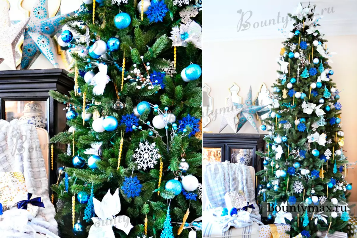 Kalėdų eglutės apdaila su lankais (35 nuotraukos): lankai su kamuoliais ir gėlėmis, su juostelėmis ir karoliukais, gražiai papuošė Kalėdų eglutę su raudonomis ir baltomis lankais 7640_16