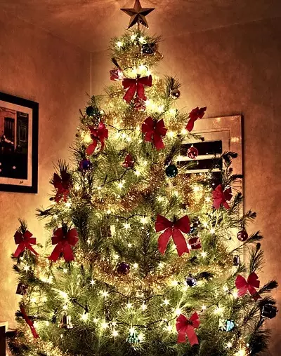 Ziemassvētku eglīšu apdare ar lokiem (35 fotogrāfijas): loki ar bumbiņām un ziediem, ar lentēm un pērlēm, skaisti rotā Ziemassvētku eglīti ar sarkaniem un baltām lokiem 7640_7