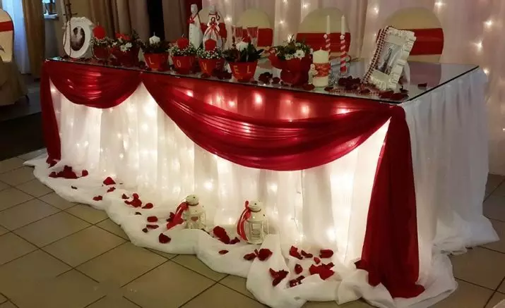 Венчање у црвеном (67 фотографиј): декорација искуством венчања у црвеним и белим и црвеним и плавим бојама, декор свећа и боца на столу младе и младожење 7839_2
