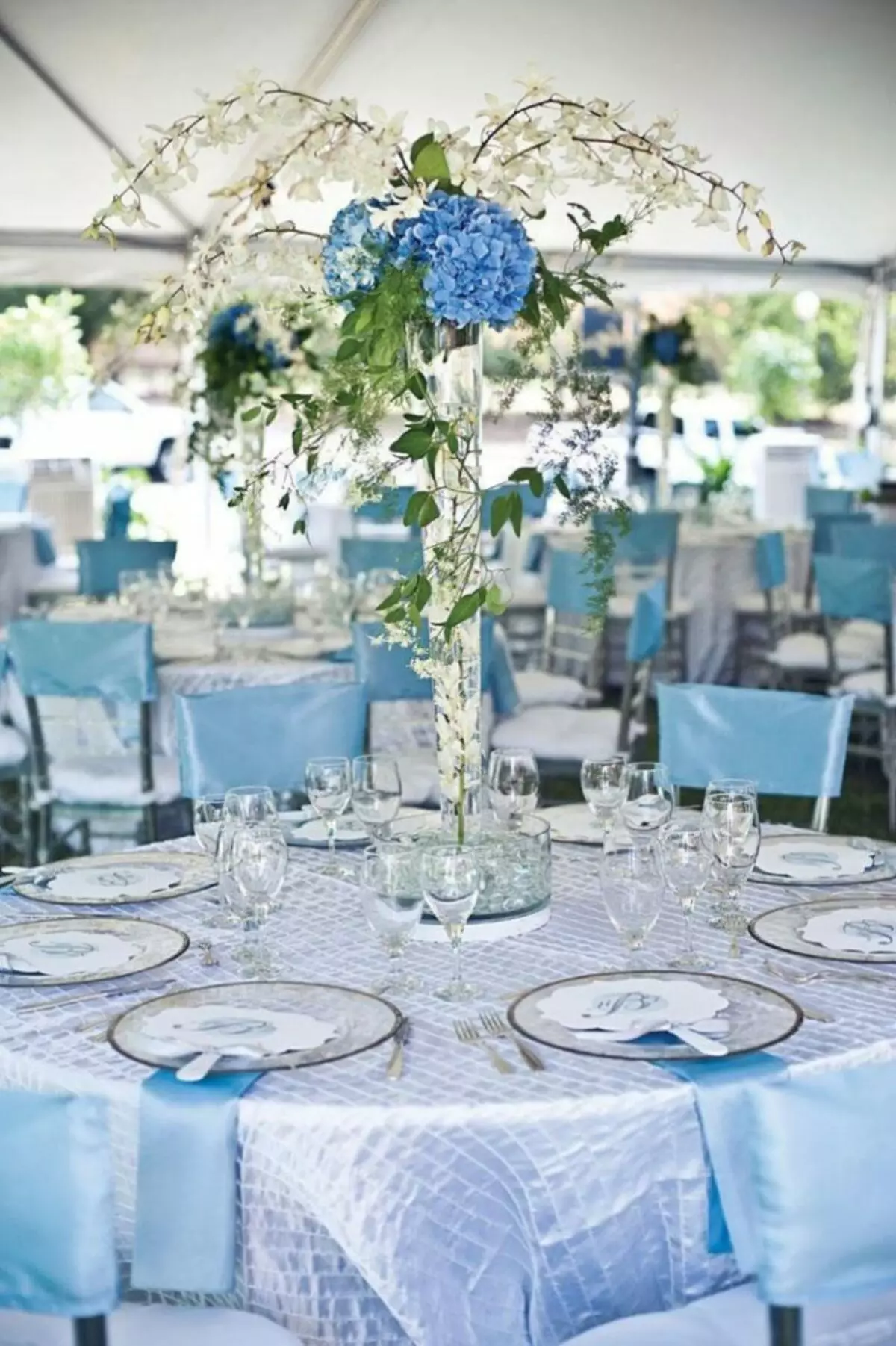عروسی در رنگ آبی (62 عکس): ایده هایی برای طراحی پس زمینه عروسی سفید و نرم، سروو و آسمانی، آبی و هلو آبی رنگ 7854_30