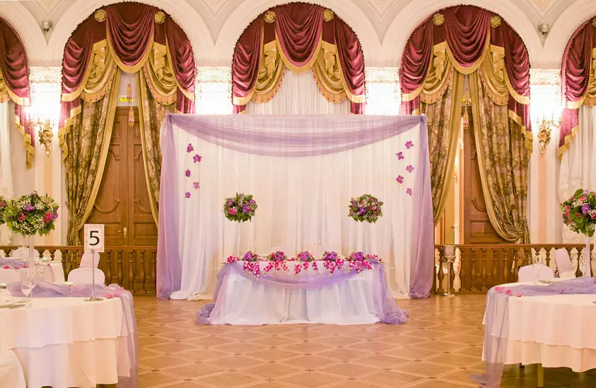 Wedding Hall Decoration (86 sary): Fisoratana anarana ny efitrano fanasana fampakaram-bady ao amin'ny fomba 