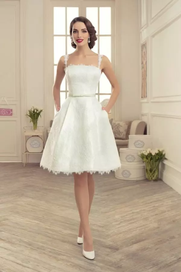 Pakaian perkahwinan pendek dengan skirt yang subur dari koleksi yang letih tatyana kaplun