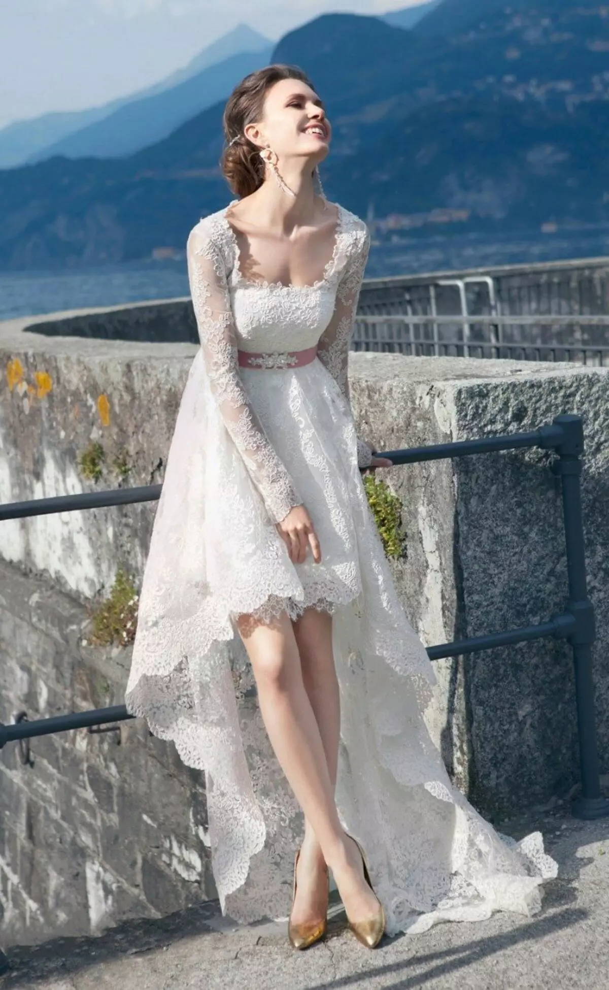 Сватбена рокля дантела Кратко Front Long Зад