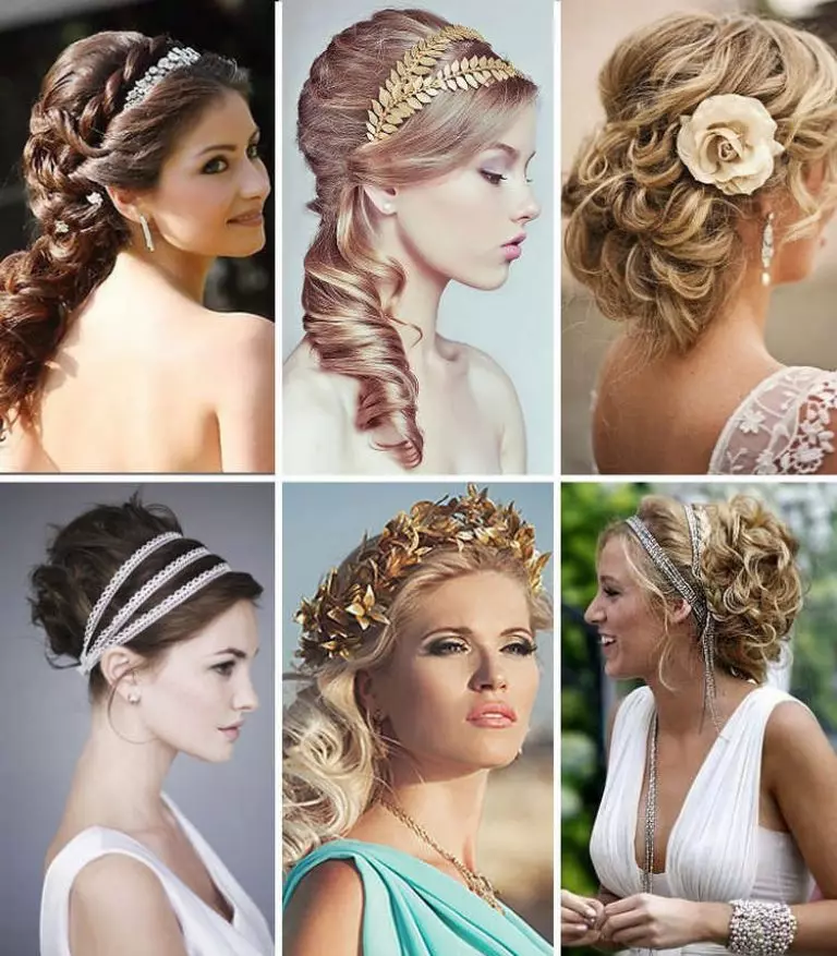 Bryllup frisyrer i gresk stil (77 bilder): spytte på siden av bryllupet for lang og middels hår med et slør 7954_5