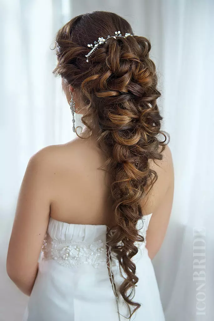 Gaya rambut pernikahan dalam gaya Yunani (77 foto): Meludah di sisi pernikahan untuk rambut panjang dan menengah dengan kerudung 7954_55