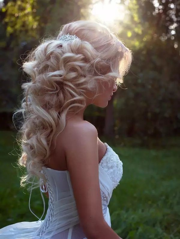 Gaya rambut pernikahan dalam gaya Yunani (77 foto): Meludah di sisi pernikahan untuk rambut panjang dan menengah dengan kerudung 7954_63