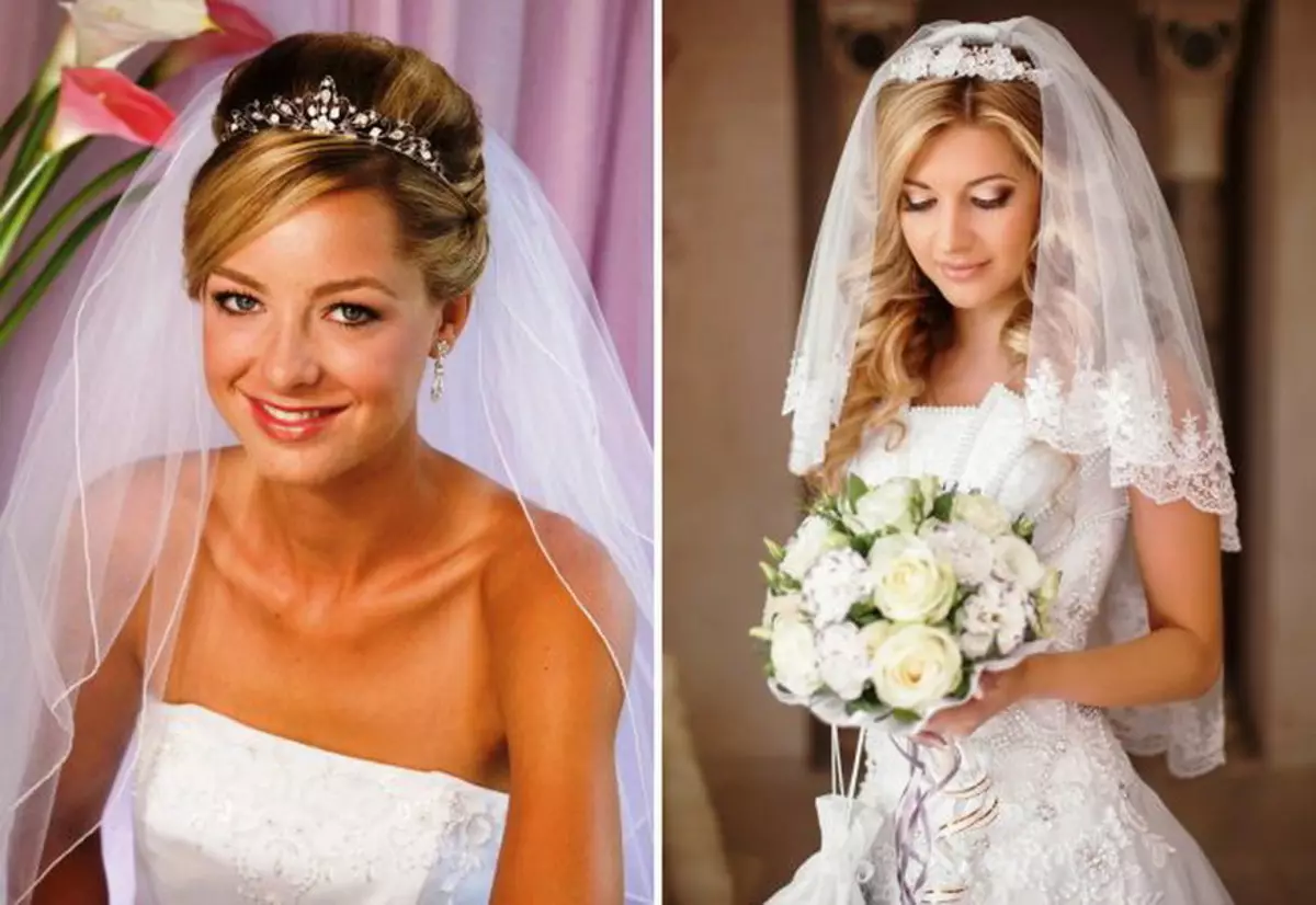 Diadhem اور فاٹا (54 تصاویر) کے ساتھ شادی کے لئے Hairstyles: دلہن کے لئے شادی کے لئے پھولوں اور مراحل میں دوسرے اختیارات کے ساتھ اعلی اسٹائل 7966_22