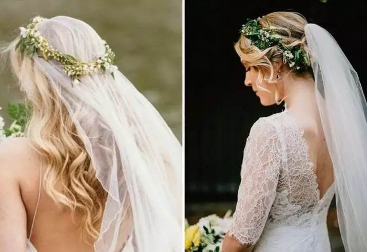 Hairstyles martese me diadem dhe feta (54 foto): styling lartë me lule për dasmën për nusen dhe opsione të tjera në faza 7966_28