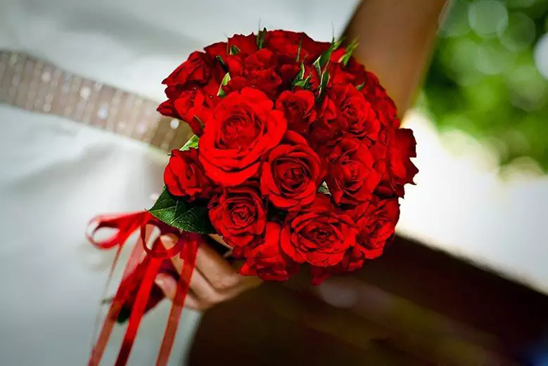 Brudbukett med röda rosor (58 bilder): Bröllopskompositioner med små Freesia och Gypsophila 7996_31