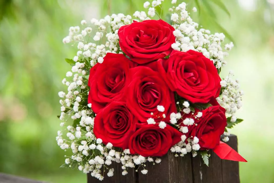 Buqetë martesor me trëndafila të kuq (58 foto): Përbërjet e dasmës me freesia të vogla dhe gipsophila 7996_46