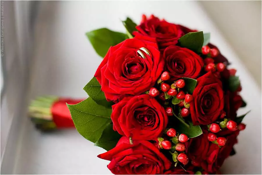 Pruudi kimp punase roosiga (58 fotot): pulmakompositsioonid väikeste freesia ja gypsophila 7996_6