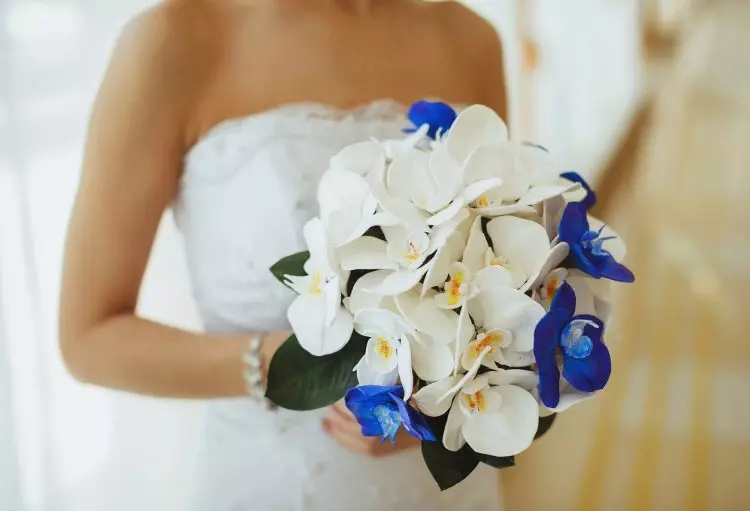 Svadbeni buket iz orhideja (49 fotografija): buketi orhideja s bijelim ružama i plavim mlinicama 7998_4