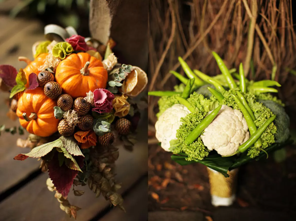 Овошен букет за свадба (44 фотографии): Изберете букет свадба букет со бобинки, зеленчук и цвеќиња 7999_29