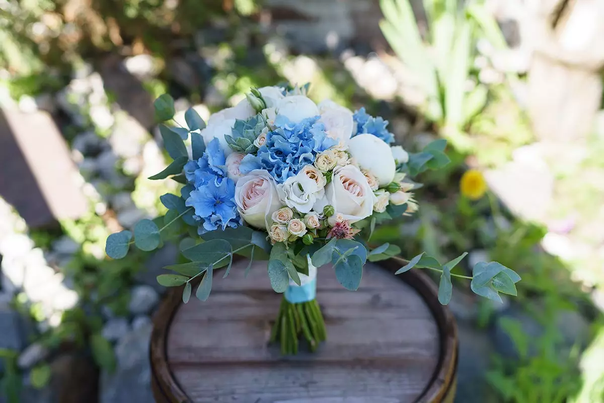 Brudebukett av roser (74 bilder): Bryllupsammensetninger laget av roser med hvite eustomas, blå frelser og røde alstromier 8005_45