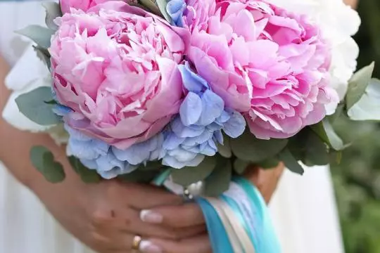 Bridal Bouquet vu pionesche Rosen (53 Fotoen): Wielt eng Hochzäit Bouquet mat pionesche Rosen, wäisse Mills a rout Hydrangas 8007_38