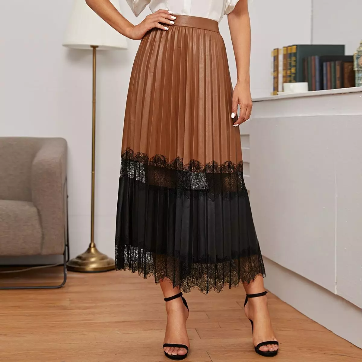 Placs Skirt Kulit: Apa yang perlu dipakai Rok Eco-Piece Pleated? Imej dengan skirt kulit tiruan hitam dan coklat 800_18