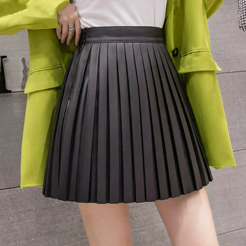 Placs Skirt Kulit: Apa yang perlu dipakai Rok Eco-Piece Pleated? Imej dengan skirt kulit tiruan hitam dan coklat 800_26