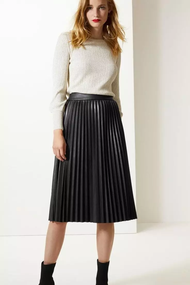 Placs Skirt Kulit: Apa yang perlu dipakai Rok Eco-Piece Pleated? Imej dengan skirt kulit tiruan hitam dan coklat 800_45