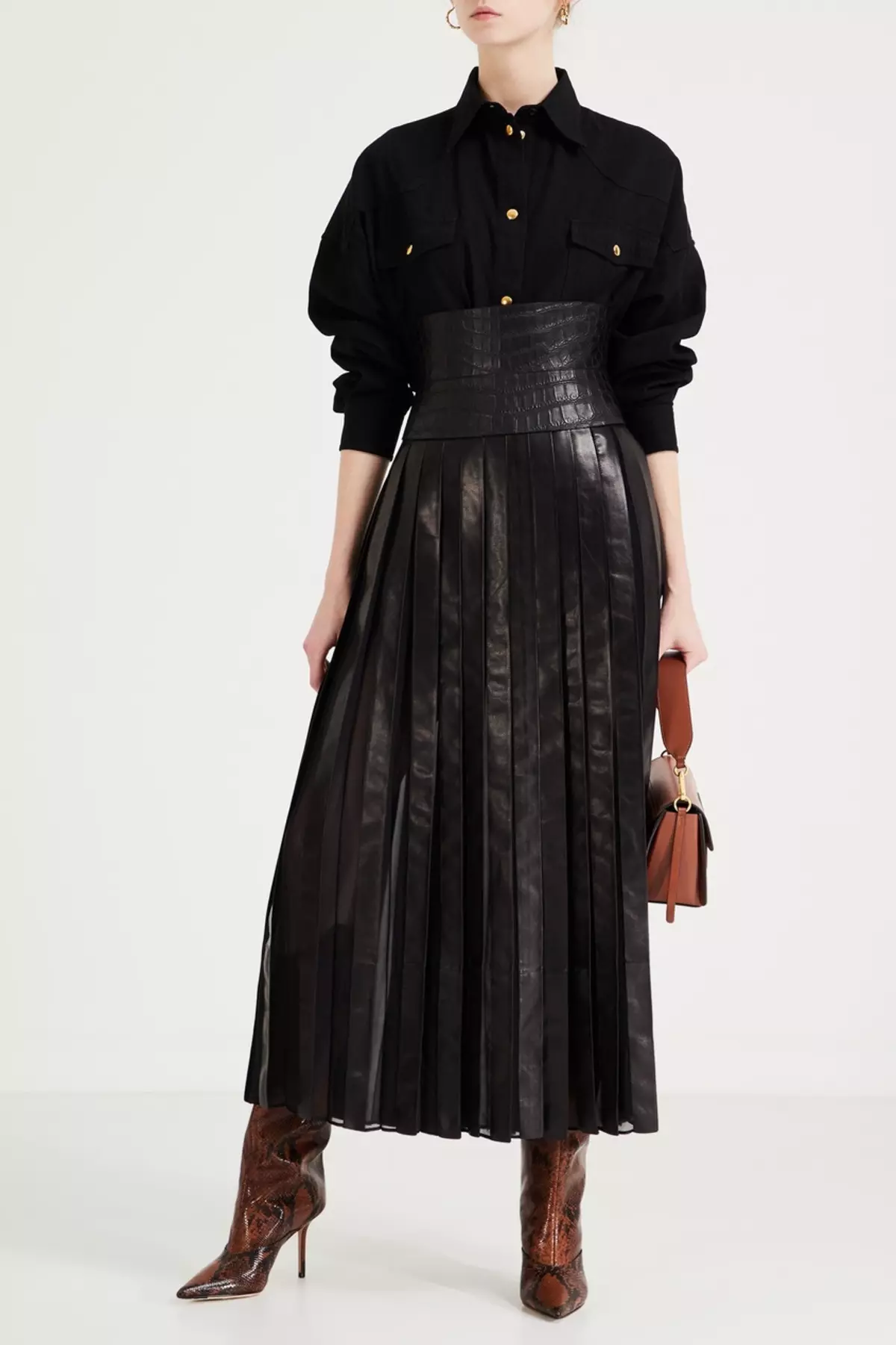 Plears läder kjolar: Vad ska du bära pläterad ekologisk kjol? Bilder med svart och brun konstgjorda hudkjolar 800_7