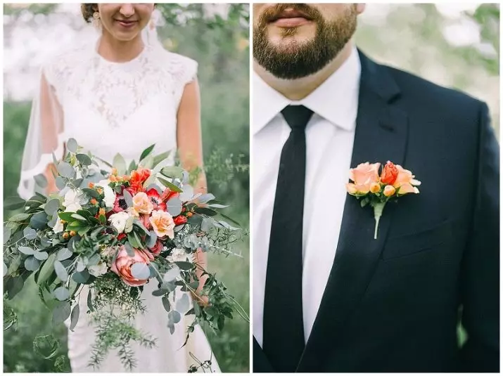 Bridal Bouquet og Groom Boutonniere (29 bilder): Velg et bryllupssett. Hvordan kombinere boutonniere og en bukett på bryllupet? 8011_3